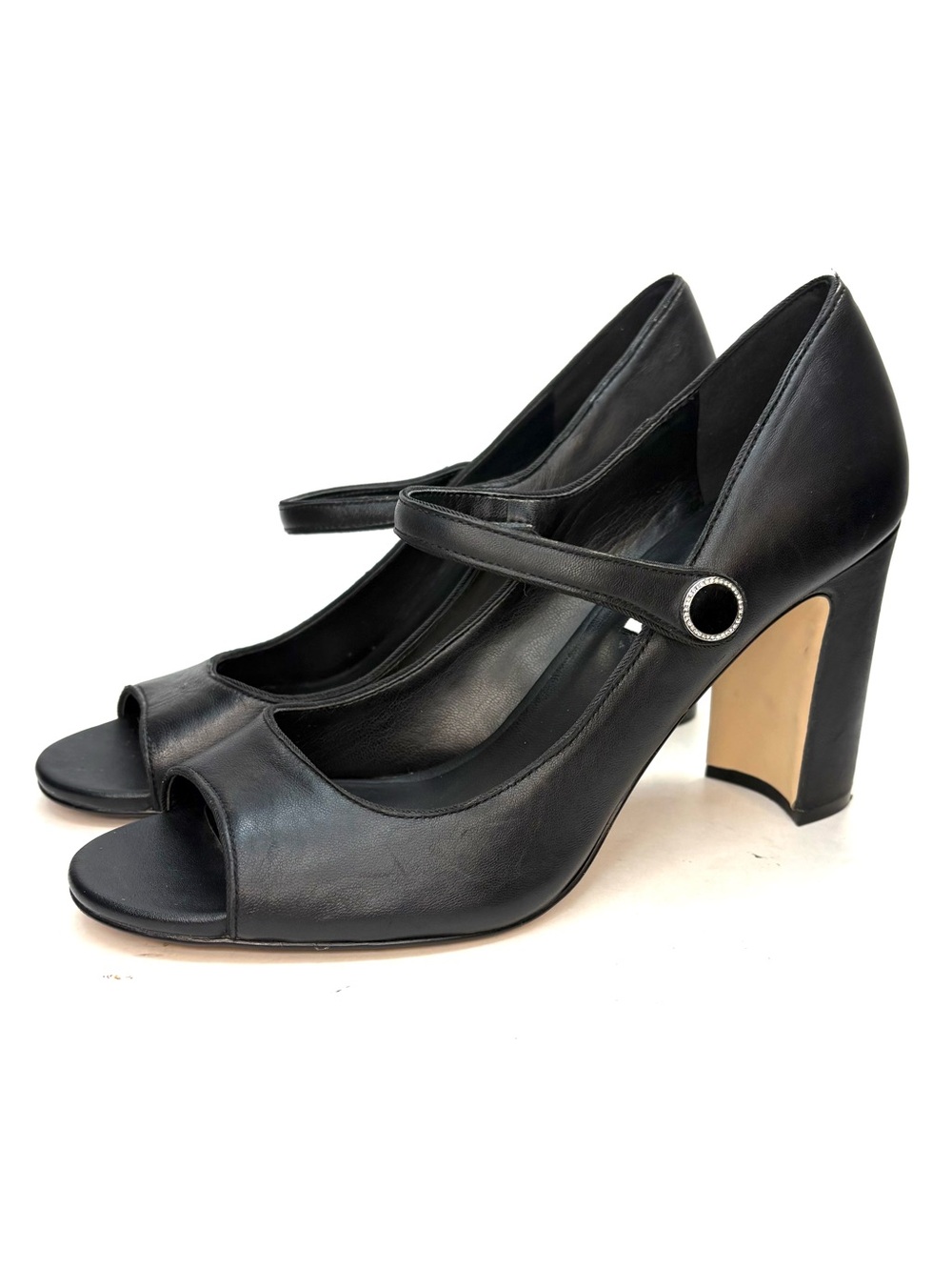Karl Lagerfeld Black Leather Peep-Toe Mary Jane Heels | 10